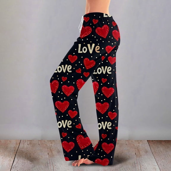 Valentines Pajamas Pant for Women Heart Graphic Print Pjs Wide Leg Elastic Waist Comfy Relaxed Fit Pants