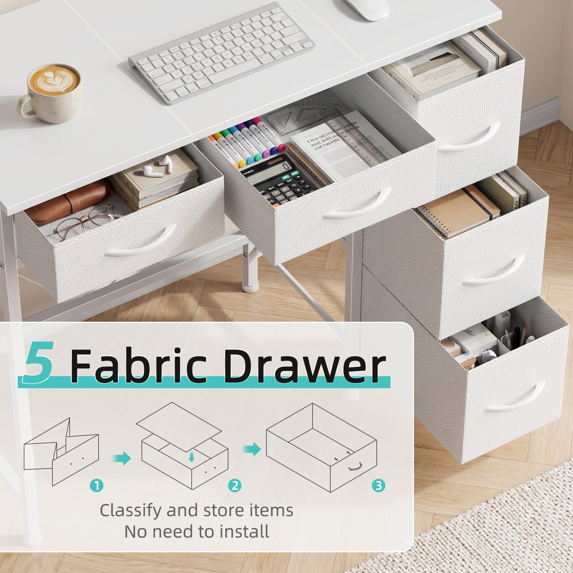 HIGDBFE Small Desk with 5 Fabric Drawers, Computer Desk with Iron Hook for Bedroom Home Office, White