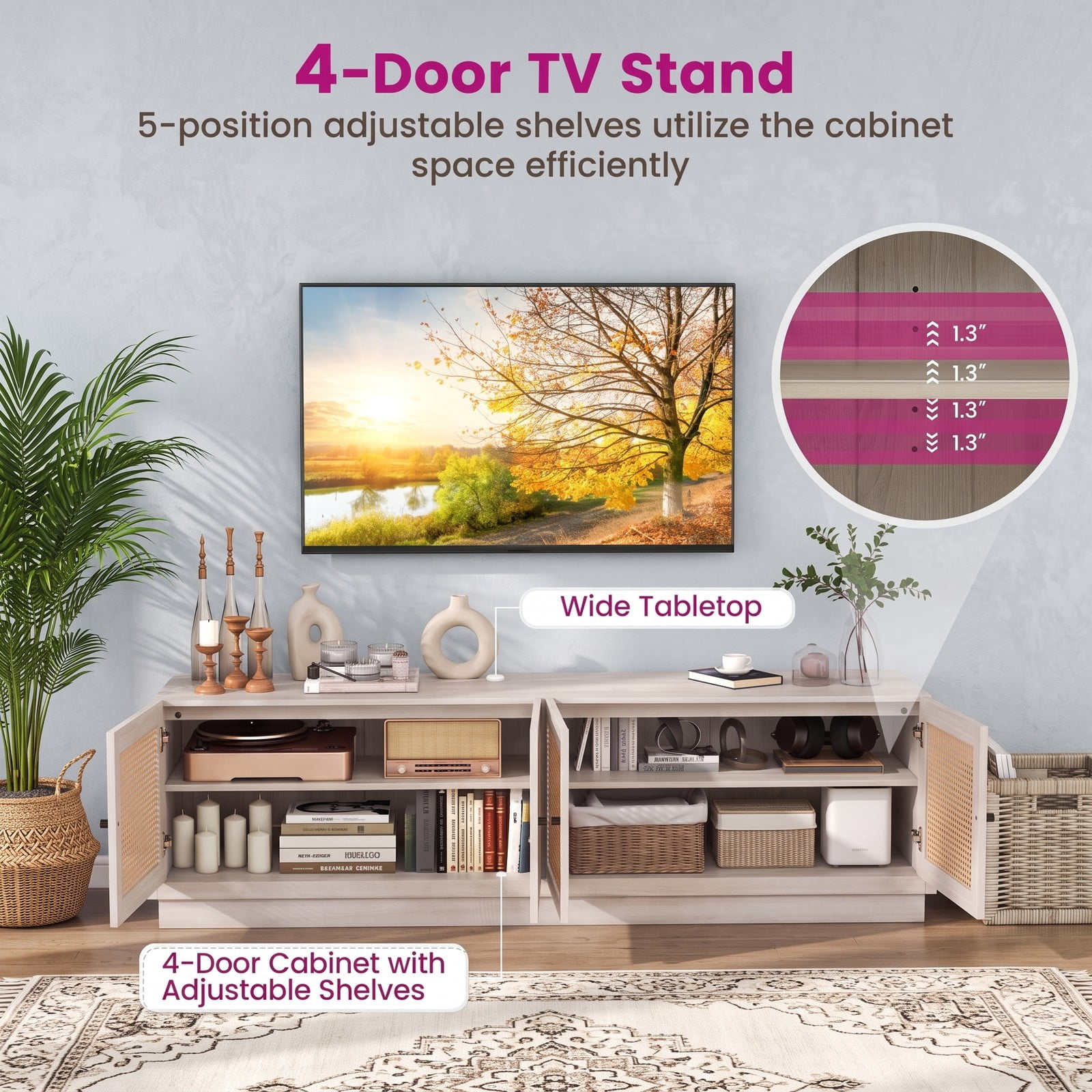 Furnibear Farmhouse TV Stand for TVs up to 75 Inches, 70 Inch Entertainment Center with PE Rattan Cabinet Doors and Adjustable Shelves, Rattan Media Console for, White