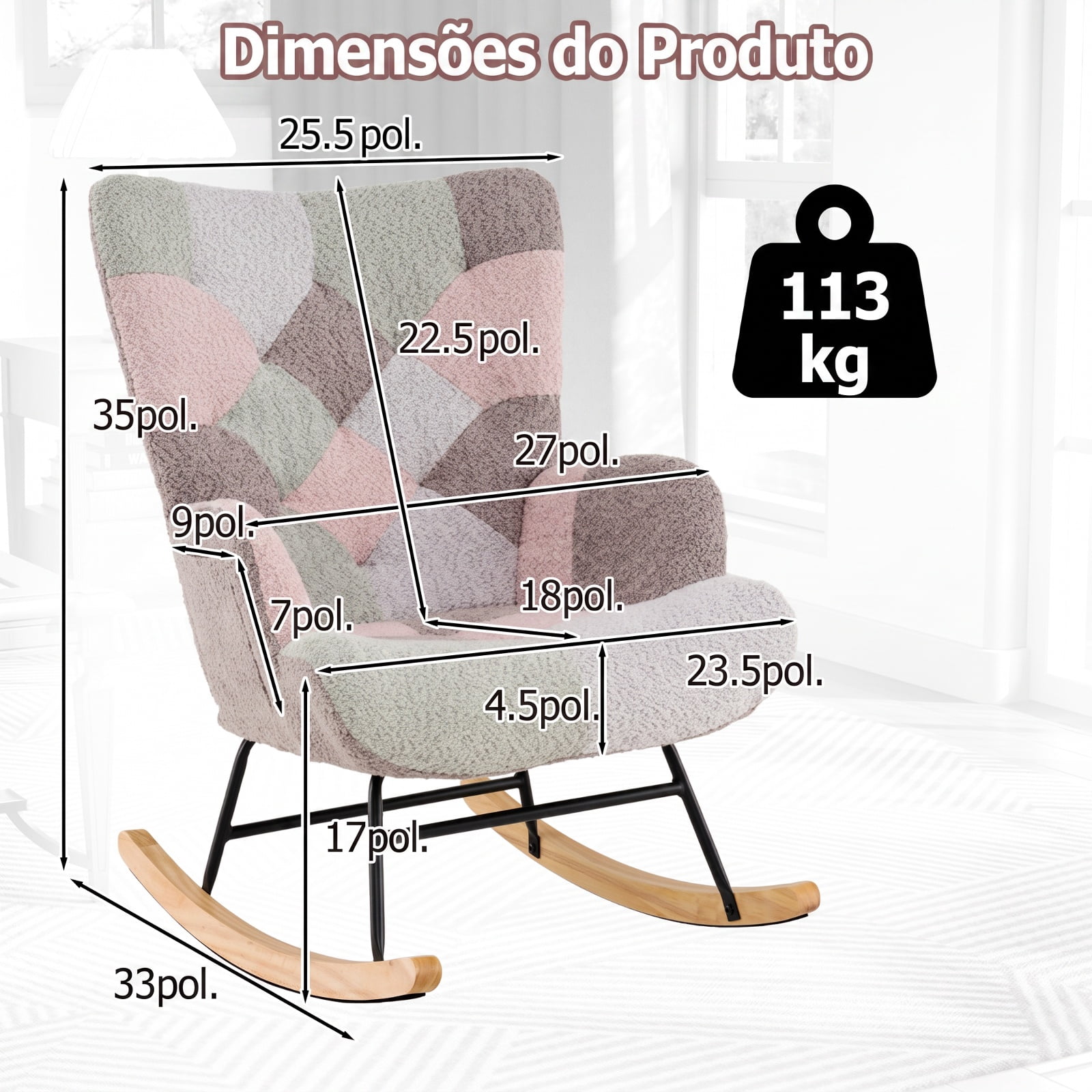 Furnibear Nursery Rocking Chair with Boucle Upholstery Ergonomic Armrests and High Backrest for Living Room Bedroom and Nursery, Colorful