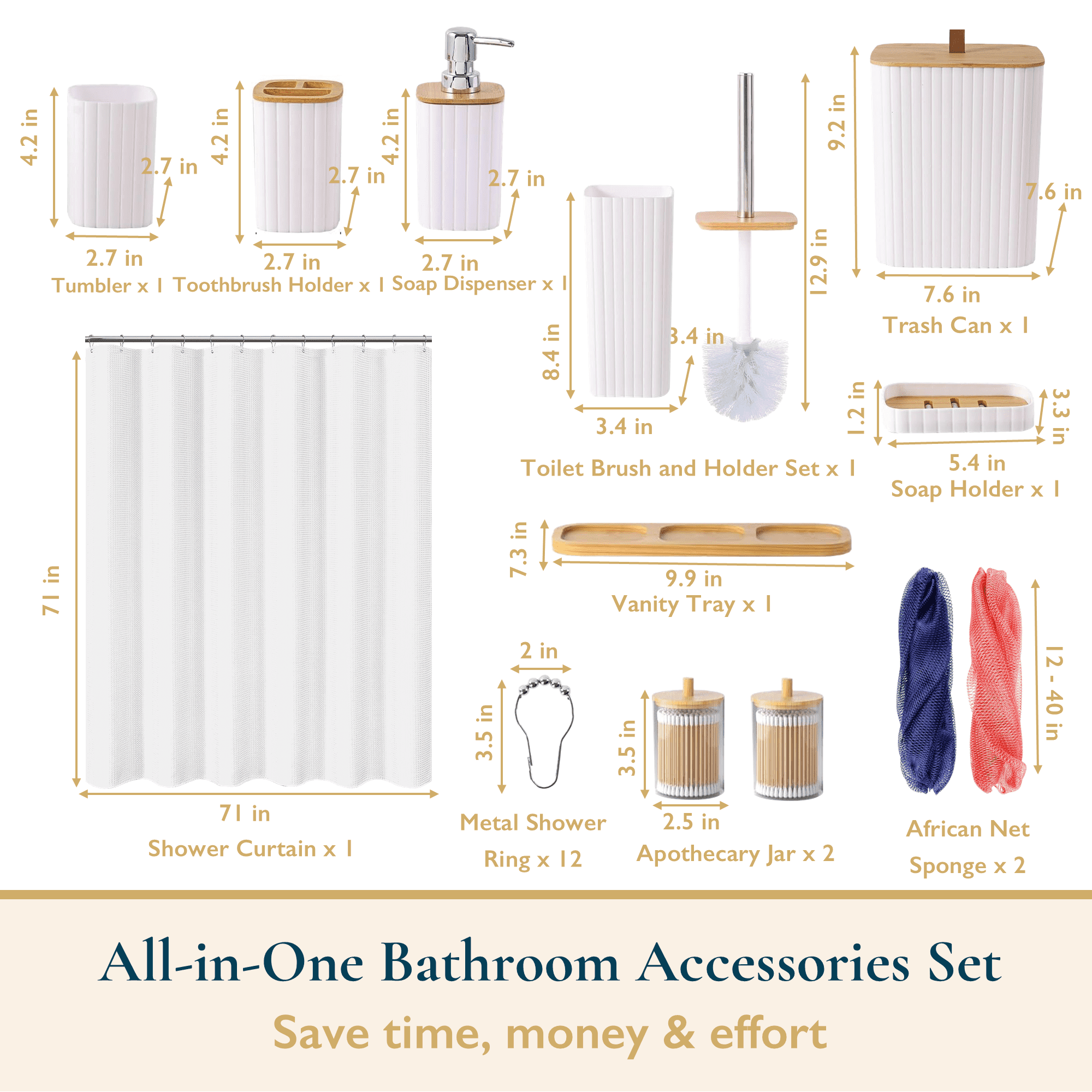 ComfiTime 24PCS Bathroom Accessories Set - Bathroom Essentials W/ Shower Curtain, Trash Can, Toilet Brush, Tumbler, Toothbrush Holder, Soap Dispenser, Soap Holder, Qtip Holders & African Net Sponges