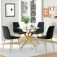 thumbnail image 2 of 36" Square Glass Dining Table Set, Modern Stainless Steel Cross-Leg Base with 4 Gold-Black Velvet Upholstered Dining Chairs, for Dining Rooms, Cafes, Apartments, 2 of 8