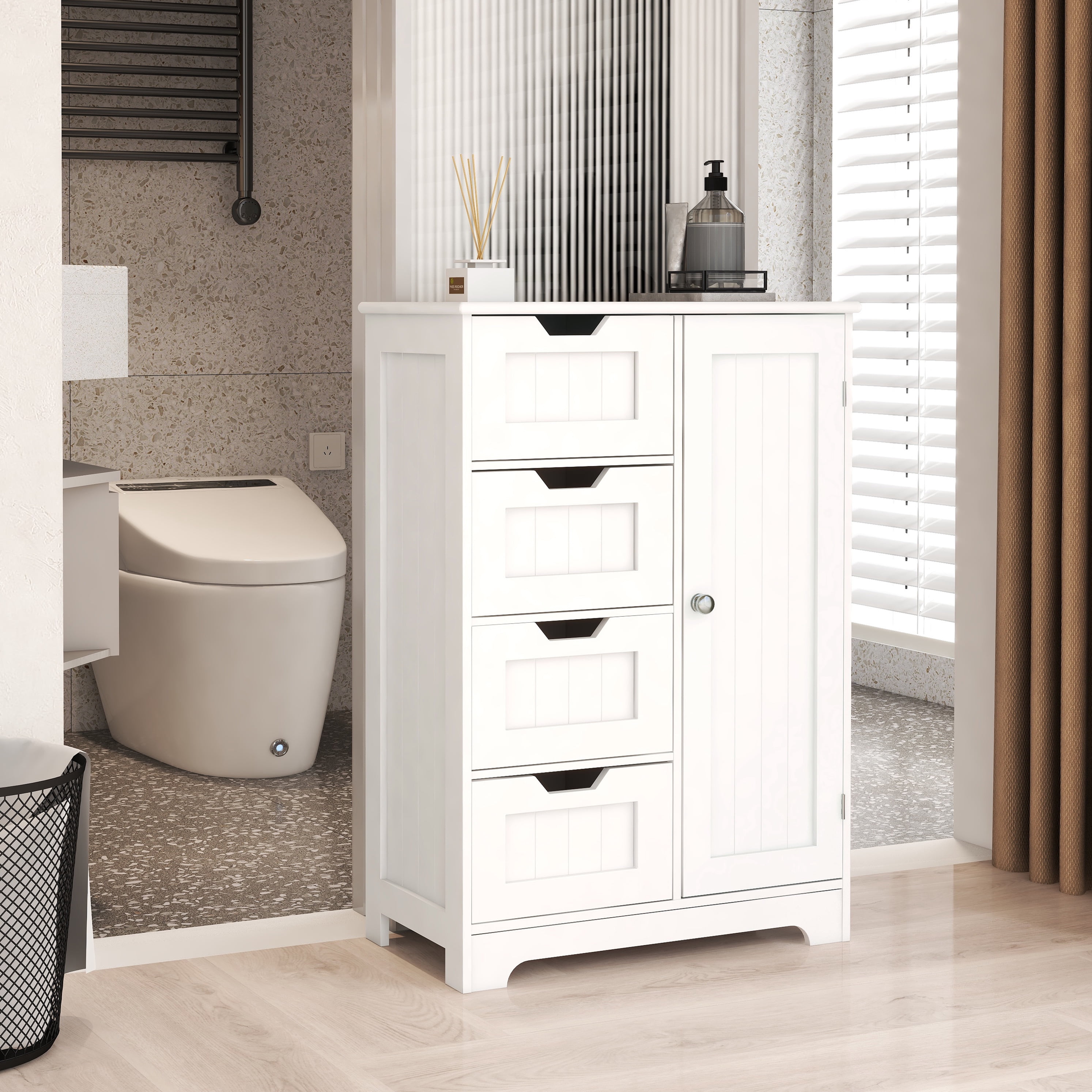 White freestanding floor storage cabinet with adjustable shelve