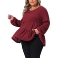 thumbnail image 4 of Agnes Orinda Women's Plus Size Babydoll Blouse Waffle Knit Flowy Ruffle Hem Tiered V Neck Long Sleeve Casual Peplum Tops 3X Burgundy, 4 of 6