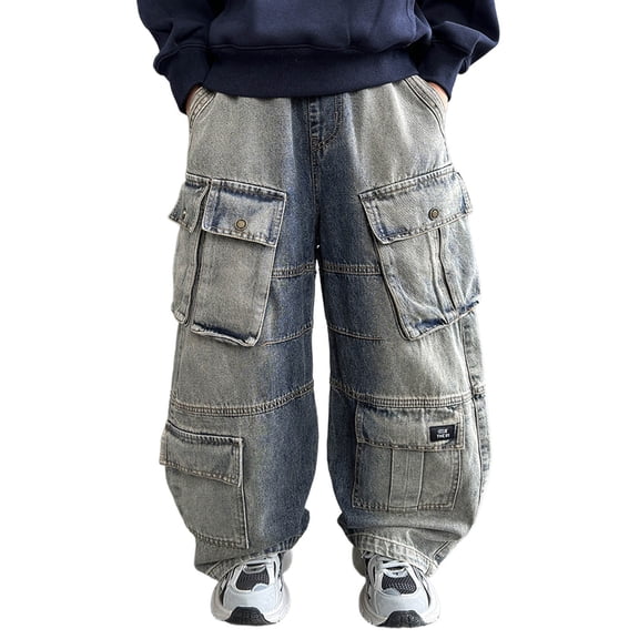 ibiyuan Boy'S Baggy Wide Leg Jeans Boys Cargo Denim Trousers Autumn Workwear Casual Street Fashion For Teenagers And Kids