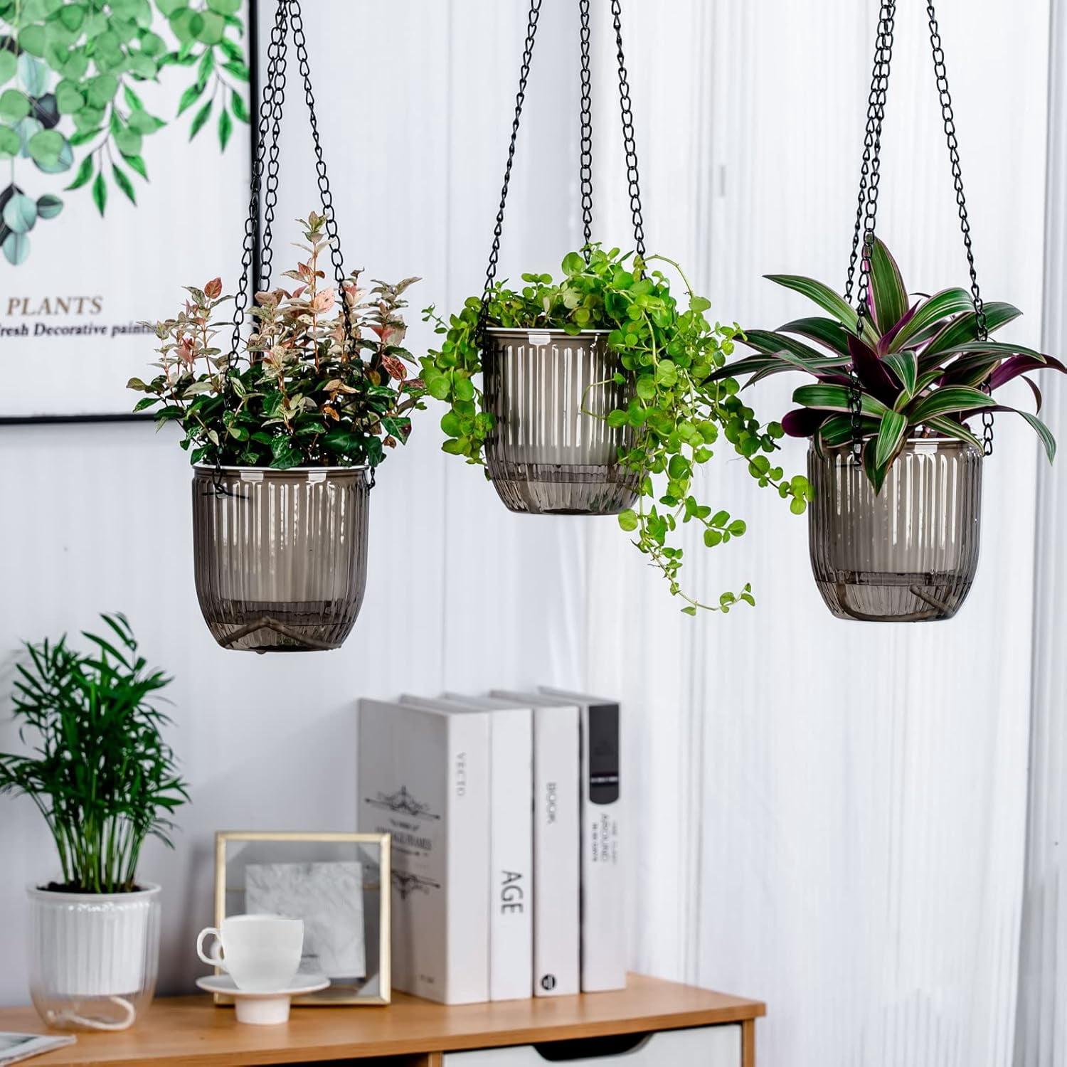 Self-Watering Hanging Planter with 3 Hooks, GIXUSIL 3-Pack 4 inch Green Plastic Flower Pot for Indoor Outdoor Garden Decor