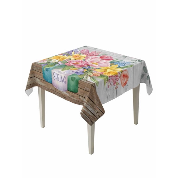 Watercolor Floral Table Cloth, Waterproof Tablecloth for Square Tables, Spring Botanical Flowers Leaves Wood Grain Reusable Washable Fabric Table Cover for Restaurant Kitchen Dining Tables 60"x60"