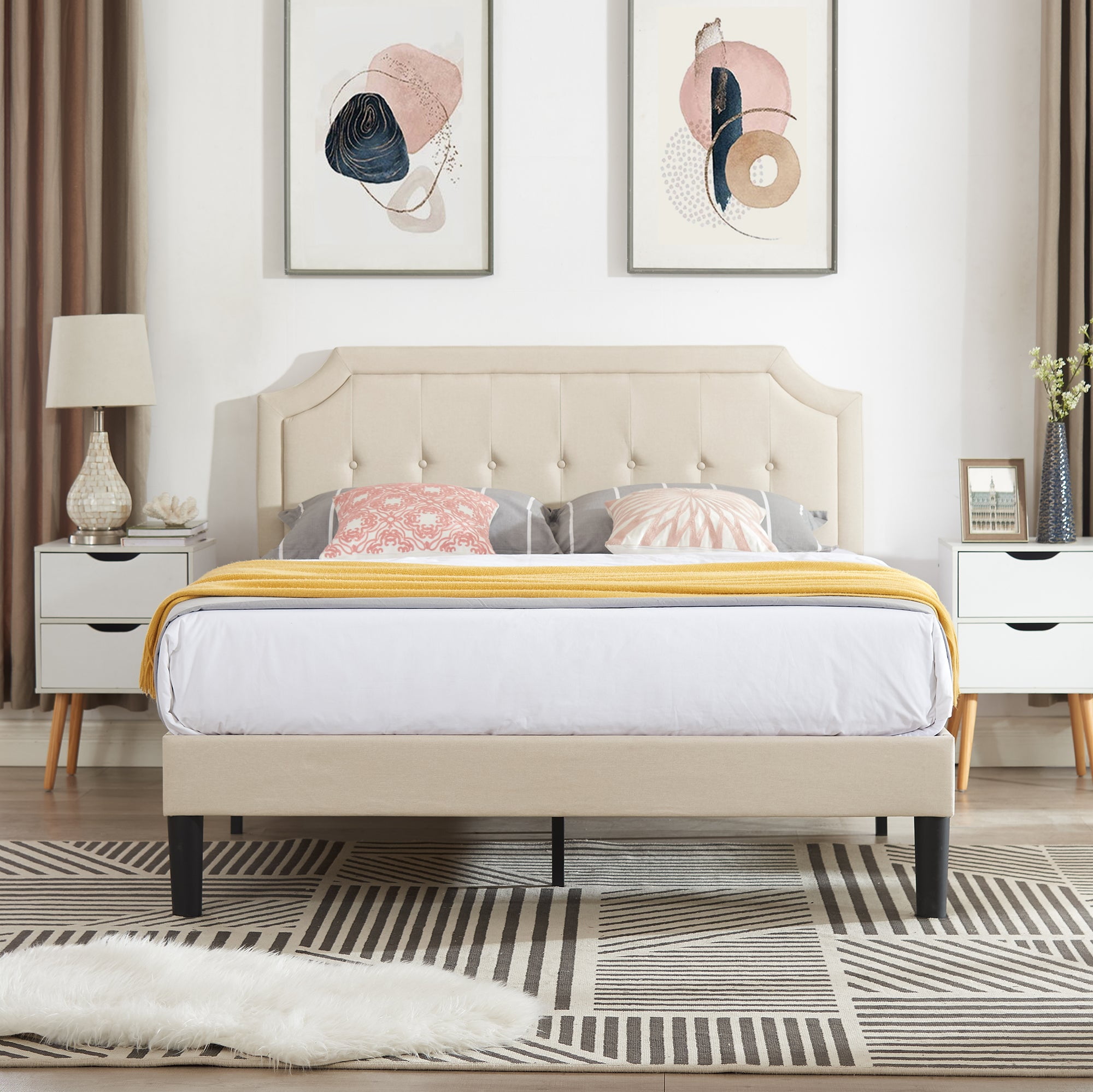 Javlergo Full Size Bed Frame with Upholstered Adjustable Diamond Stitched Panel Headboard, Wood Slat Support/Easy Assembly, Beige