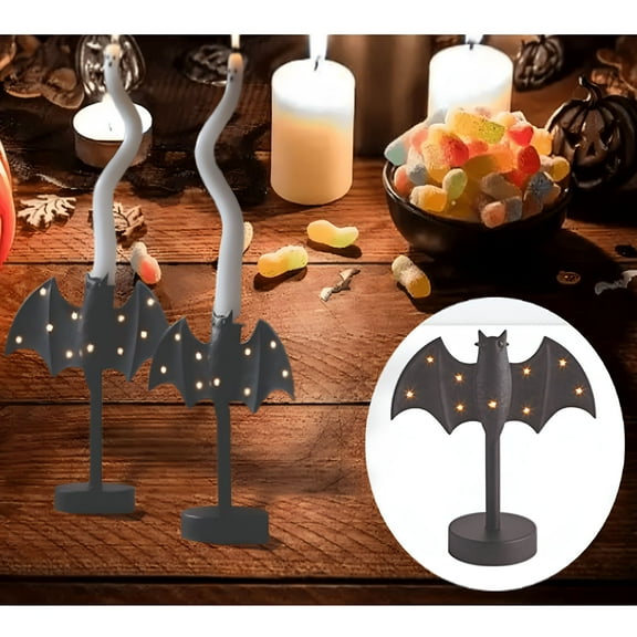 LAMIRO Large Twinkle Bat Candlestick,Gothic Bat Candle Holder with LED Twinkle Lights,7.09" Halloween Night Light Indoor Decoration Candle Holder for Party Table Kitchen or Mantel (2PC)