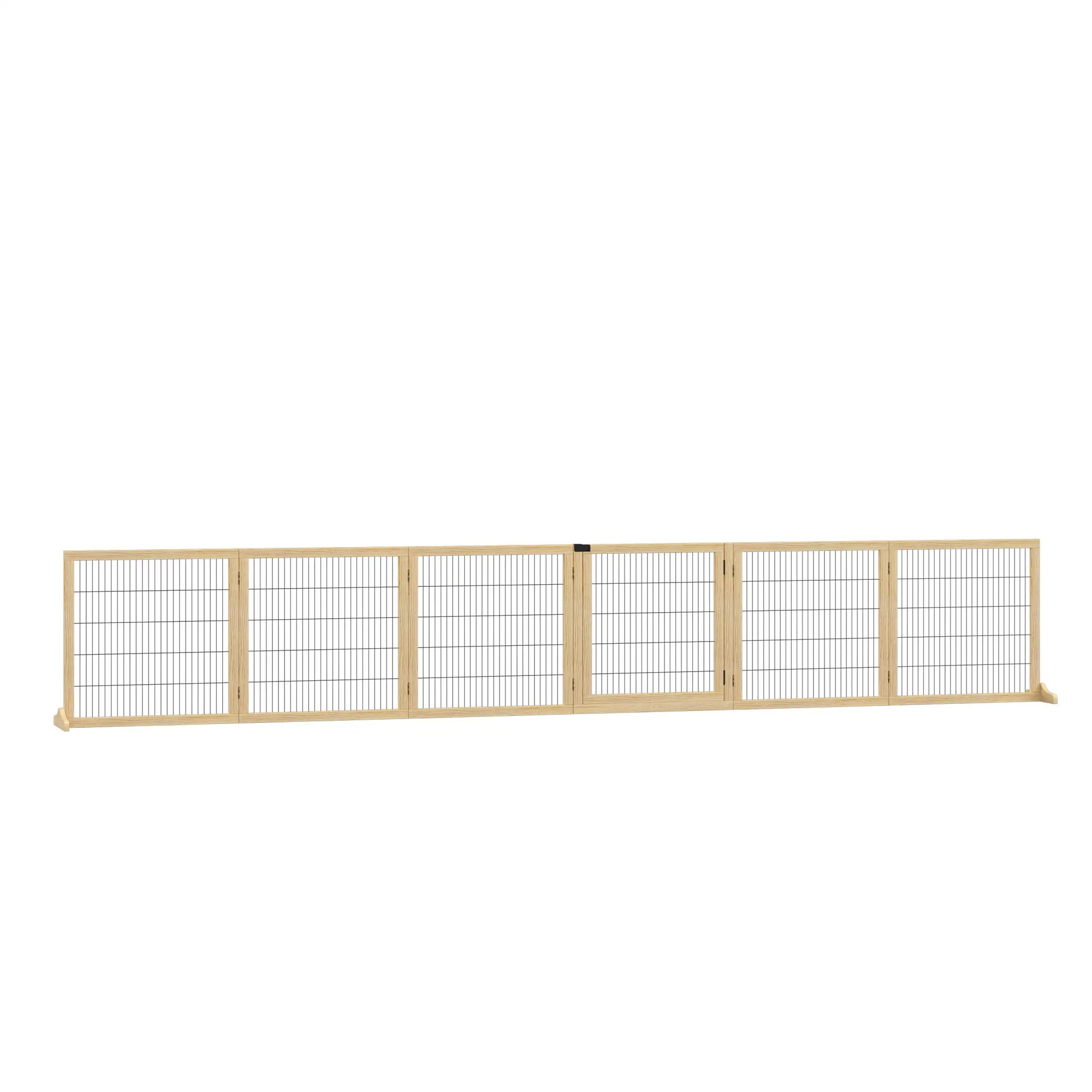 Pefilos 170" Wide Folding Pet Gate, 32" Tall No-Assembly Wood Dog Gate with Door Walk Through, Freestanding Wire Pet Gate, Pet Puppy Safety Fence, Beige