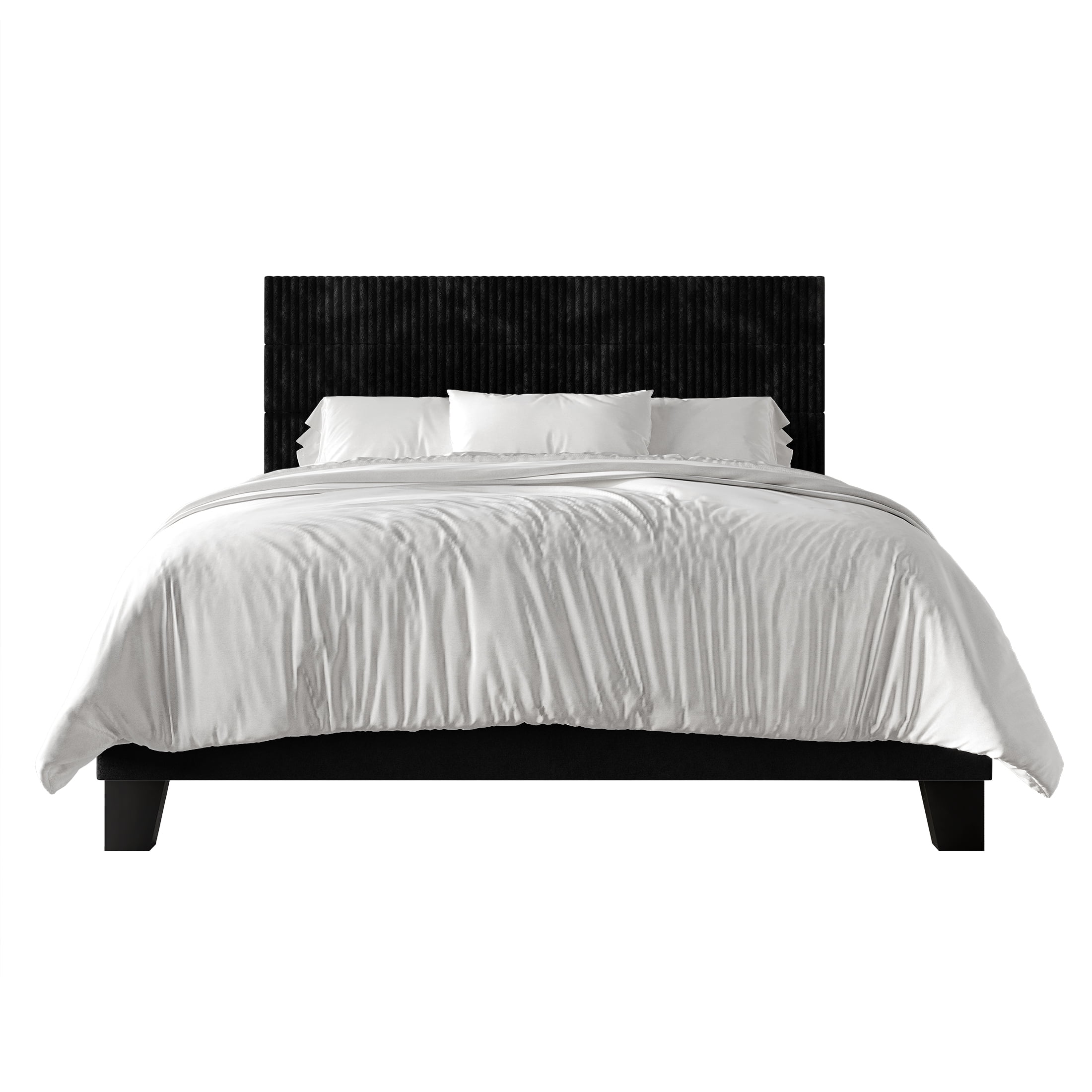 Castle Place Contemporary Corduroy Pleated Velvet Upholstered Queen Platform Bed, Black