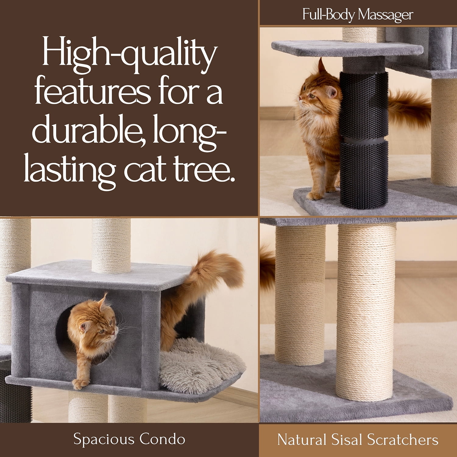 PetPals 57” Grand Maine Coon™ Cat Tree with Large Condo, Sisal Scratching Posts, Top Bed for Big Cats, Grey