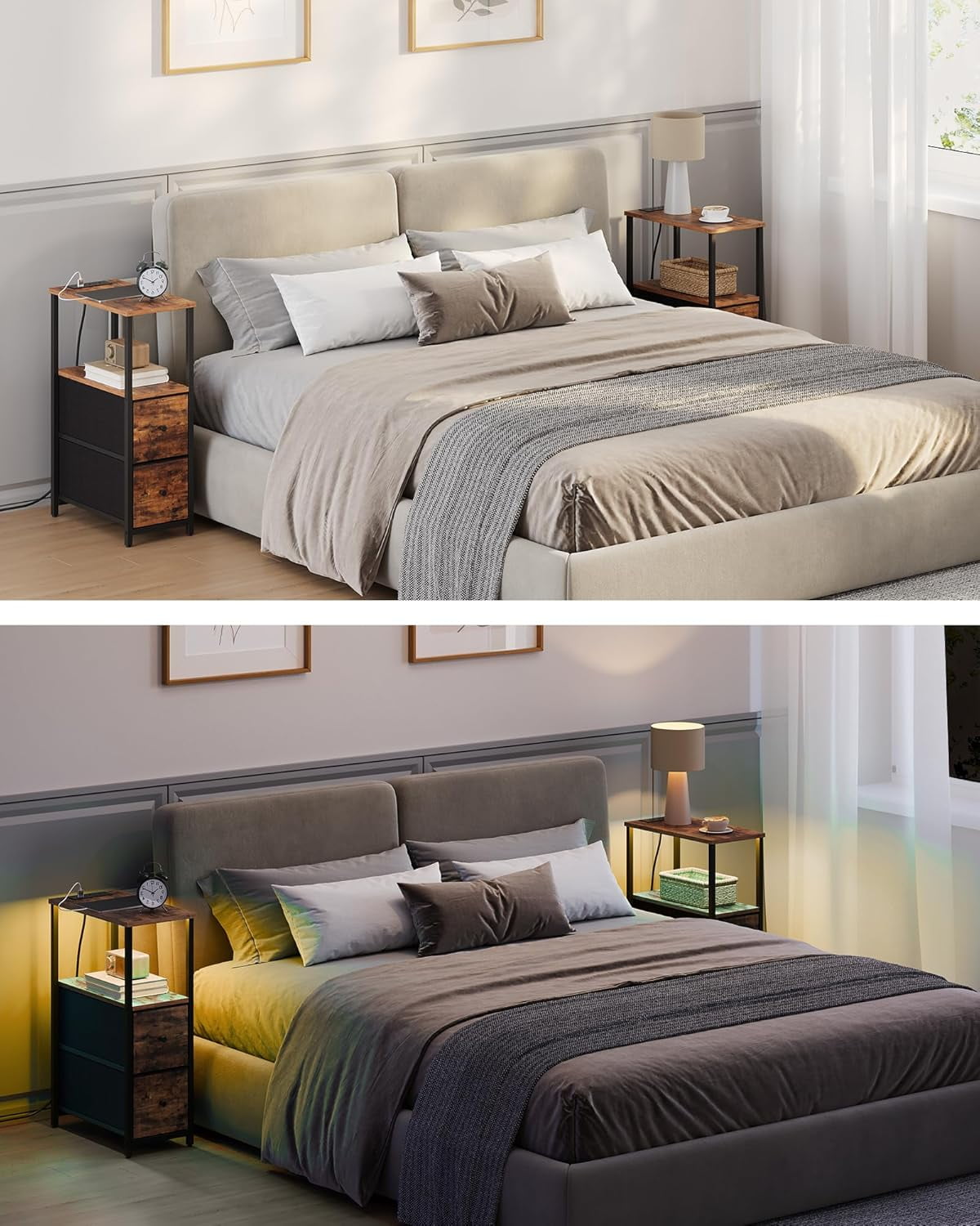 Small Narrow LED End Table with Charging Station, Side Table Outlets, Nightstand with 2 Cloth Drawers, Set of 2, Couch Table, for Living Room, Bedroom, Bedside, Brown TB01BB056