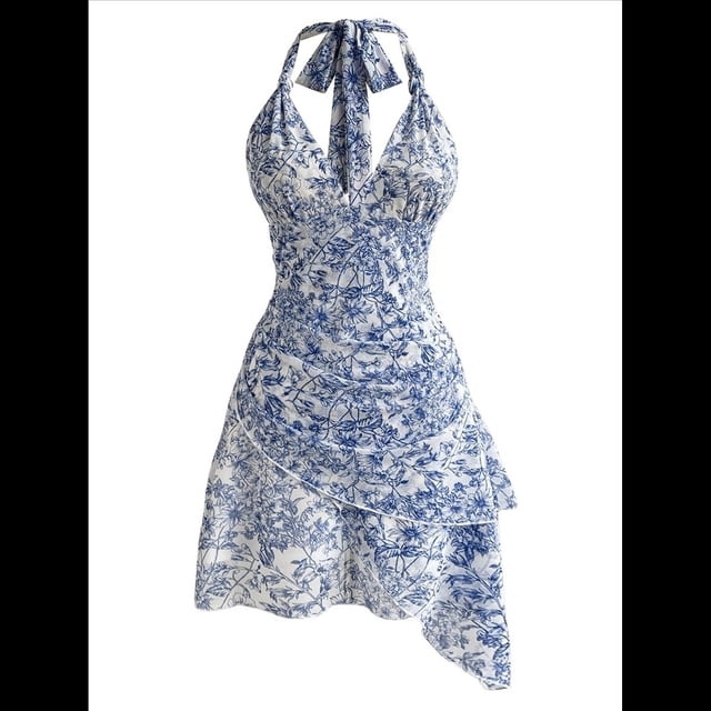 Vestido Bohemio con Estampado Floral, Sin Mangas, Espalda Descubierta, Escote en V Profundo, Volantes y Espalda Descubierta Azul L