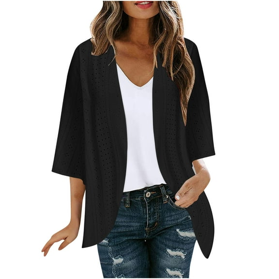 VEKDONE Women's Lightweight 3/4 Sleeve Cardigan Summer Casual Open Front Ruffle Cardigans Solid Color Loose Hollow Out Cover Ups