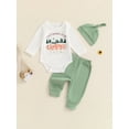 thumbnail image 4 of xiaxaixu Newborn Boy Fall Outfit, Letter Print Long Sleeve Romper Solid Color Pants Hat 3 Piece Set, 4 of 9