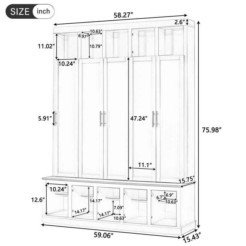 Modern Entryway Storage Cabinet with Shoe Racks & Cubbies, Coat Closet Large Hall Tree with Shoe Bench & Hooks