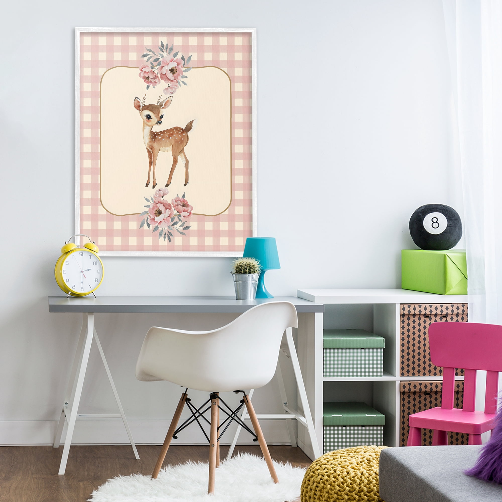 Stupell Industries Baby Deer Pink Gingham White Framed Giclee Art, design by LSR Design Studio