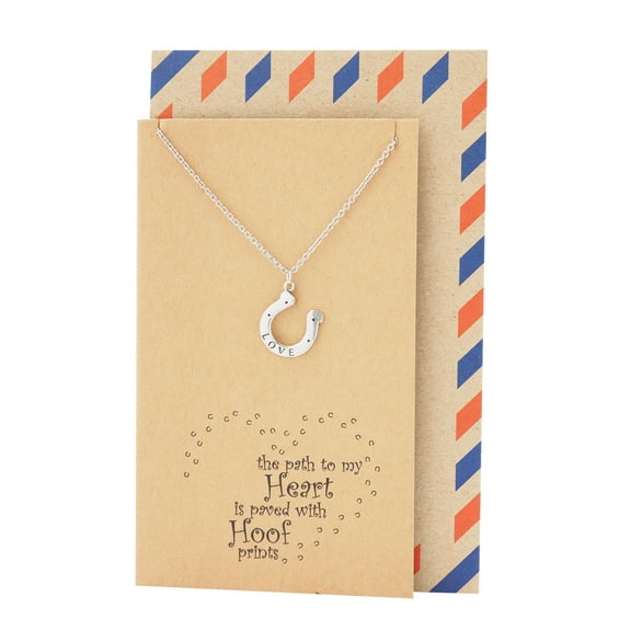 Quan Jewelry Horseshoe Necklace, Lucky Charm Pendant Engraved with LOVE, with Inspirational Quote on Greeting Card, Adjustable Stainless Steel from 16 inch to 18 inch