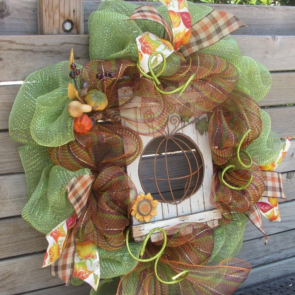 Fall Wreath, Deco Mesh Wreath, Fall Leaves Green Orange Ribbon