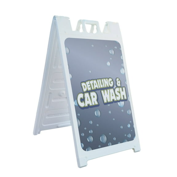 Detailing And Car Wash 24" x 36" Double Sided A-Frame Sidewalk Sign, Includes 2 Plastic Inserts | Foldable Portable White Signicade Sandwich Board Signs