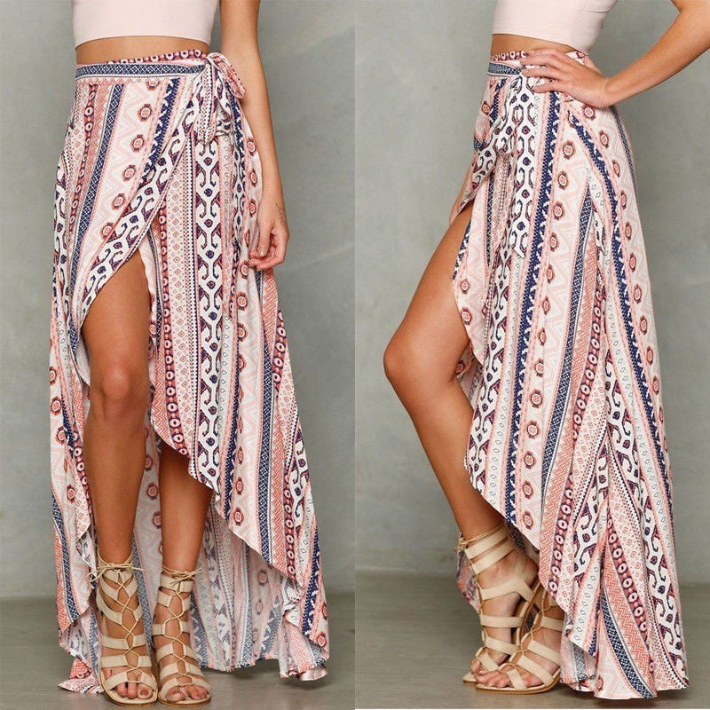 Women Boho Chiffon High Waist Summer Beach Long Maxi Dress Floral Split  Skirt - Walmart.com