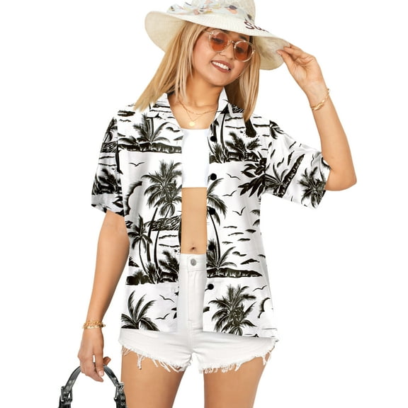 HAPPY BAY Women's Button Down Blouses Casual Summer Beach Party Blouses Shirt Open Front Blouse Short Sleeve Button up Shirts Hawaiian Dresses for Women S Palm Tree, White