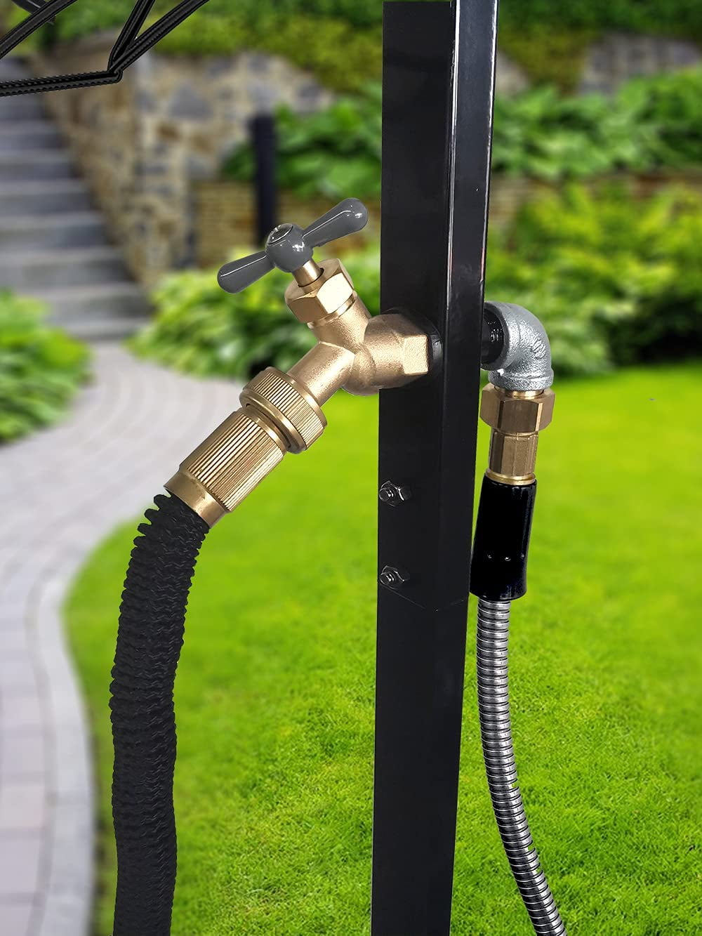 Freestanding Outdoor Garden Hose Holder Stand Nozzle With Faucet, Heavy Duty Metal Water Reel Storage Rack