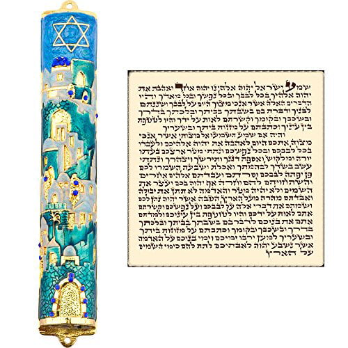 Mezuzah Case 4.33"/11cm & Traveler Prayer & Scroll Pray Judaica Jewish Jerusalem 