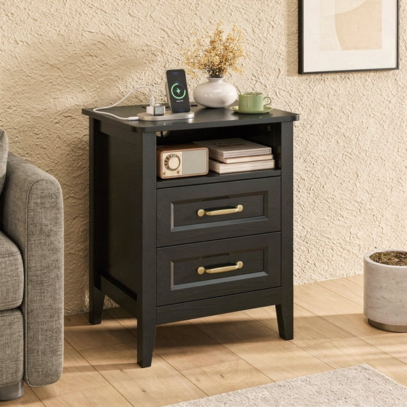 Nightstand with Charging Station, 2-Drawer Wooden Bedside Table with Open Shelf, USB Ports & AC Outlet, End Table for Bedroom, Black