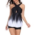 thumbnail image 3 of Yunliwuli Women 2 Pieces Tankini Swimsuits Gradient/Solid Color Cross Front Sleeveless Tank Tops and Shorts Bottoms Beach Bikini Set, 3 of 8