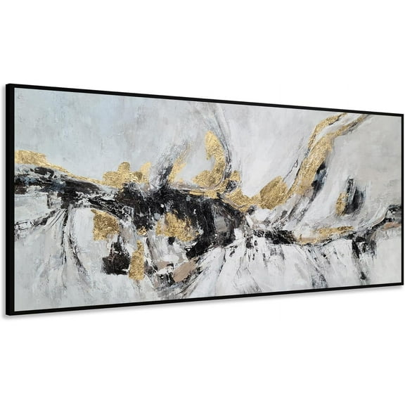 Hand Painted Abstract Canvas Art Black White Gold Modern Wall Decor