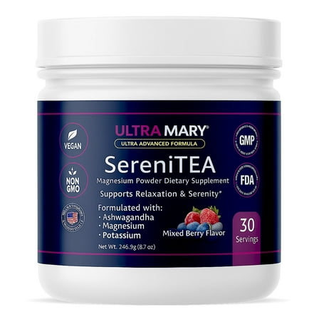 SereniTea Magnesium Powder with Ashwagandha & Potassium – Natural Calm Magnesium Powder for Sleep & Anxiety Mixed Berry Flavor Recess Mood Drinks – 30 Servings