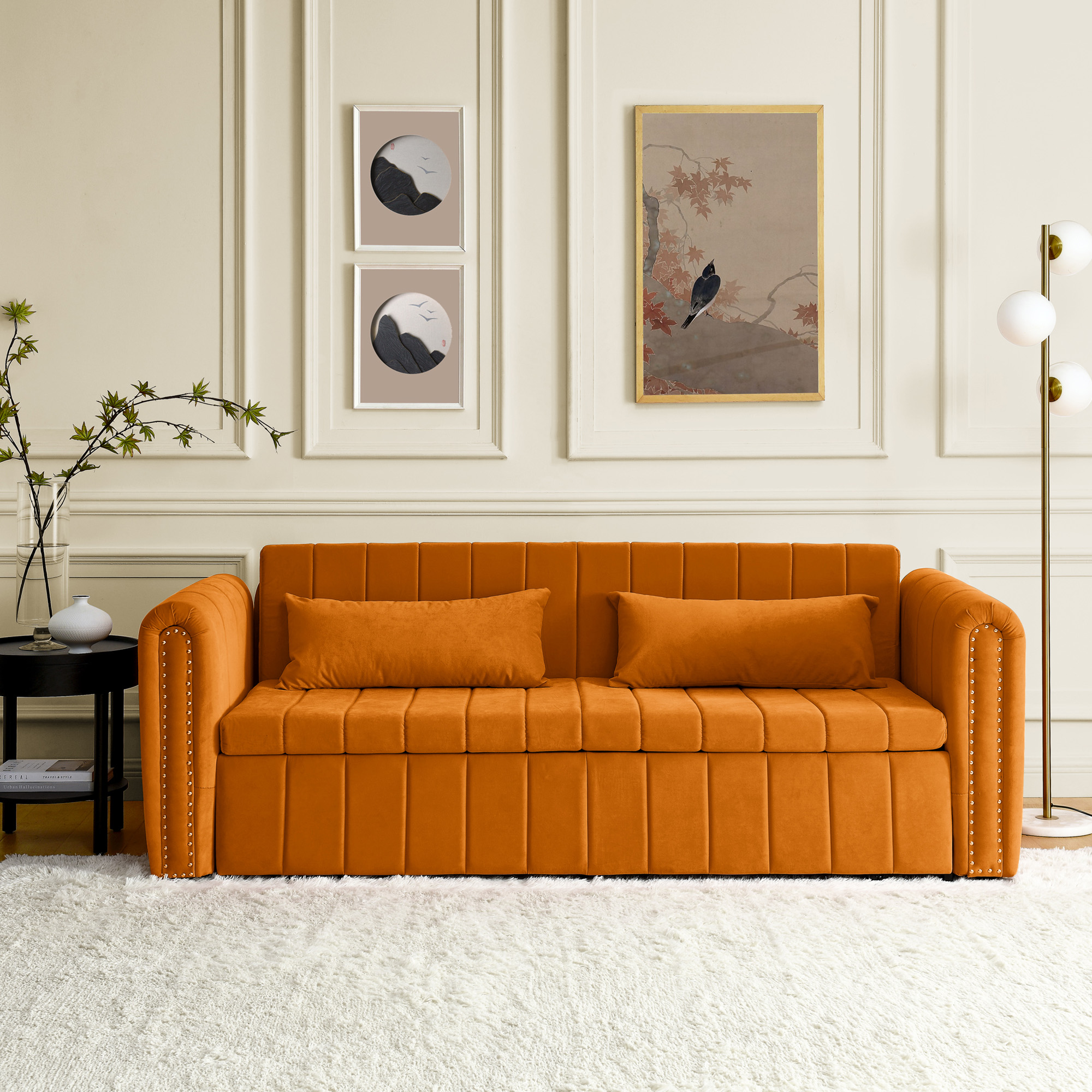 Aukfa 82" Pull Out Couch, Convertible 3 In 1 Sleeper Sofa Bed with Two Drawers, 3 Seater Sofa, Orange