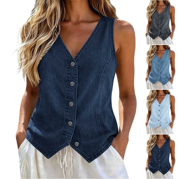 TGSLY Fall Denim Vest for Women Lightweight V Neck Button Down Jean Jacket Relaxed Casual Solid Color Sleeveless Layering Waistcoat M