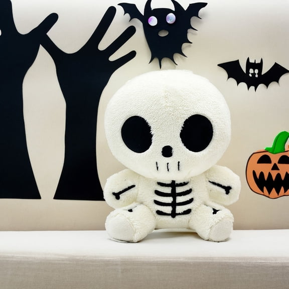 QLUEWX Halloween Plush Toys Cute Skeleton Stuffed Animal, 10.24 Inch Soft Fluffy Chibi Skeleton Plush Doll, Spooky Adorable Halloween Stuffed Animals for Kids Party Favors Home Decor Gift