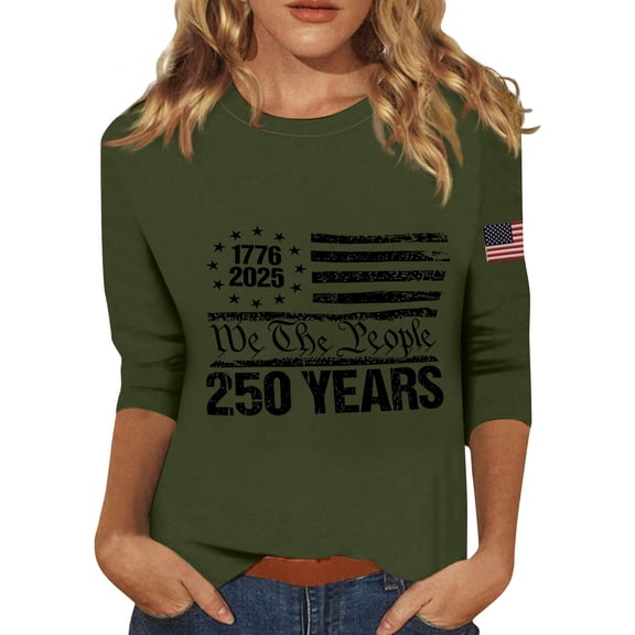 Women's T-Shirts America 250 Patriotic Flag Graphic Crew Neck 3/4 Sleeve Anniversary Top