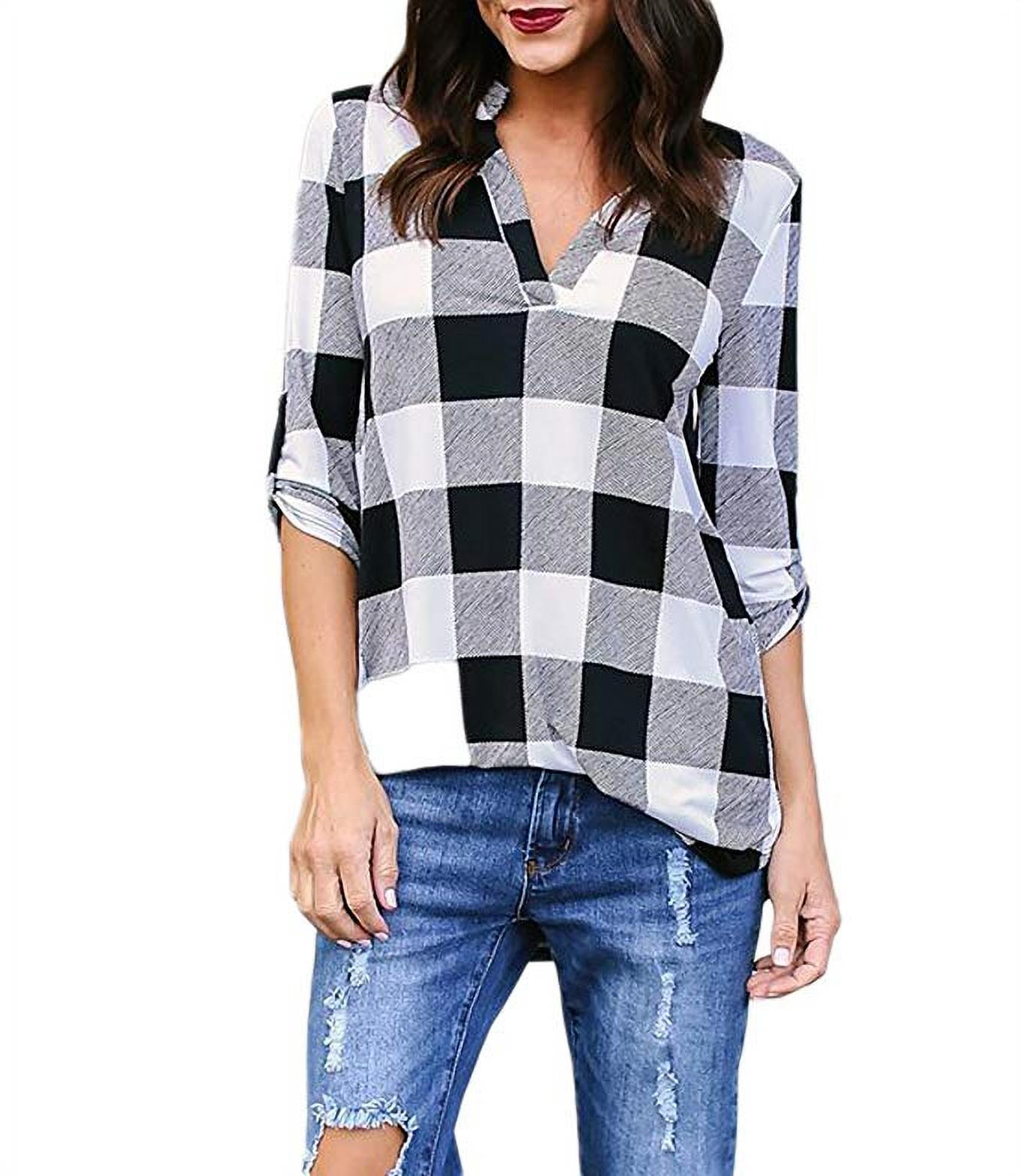 2/3 Sleeve Plaid Pullover Shirts Tops for Women - Walmart.com