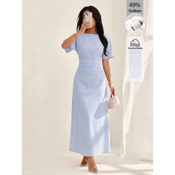Petite Womens Blue Striped Linen Blend Ruched Waist Short Sleeve Maxi Dress