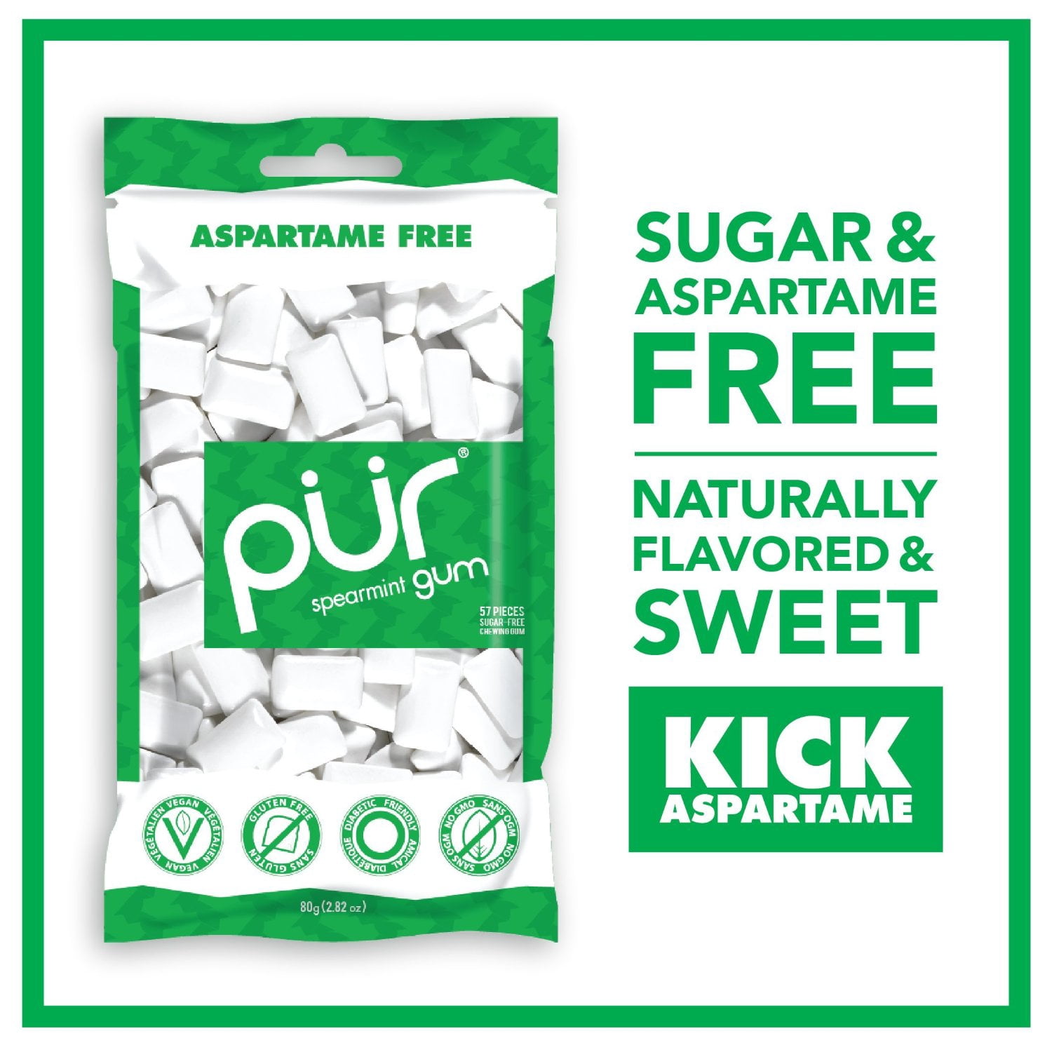 Pur Gum - Spearmint - Aspartame Free - 60 Pieces - 80 G - Case Of 12