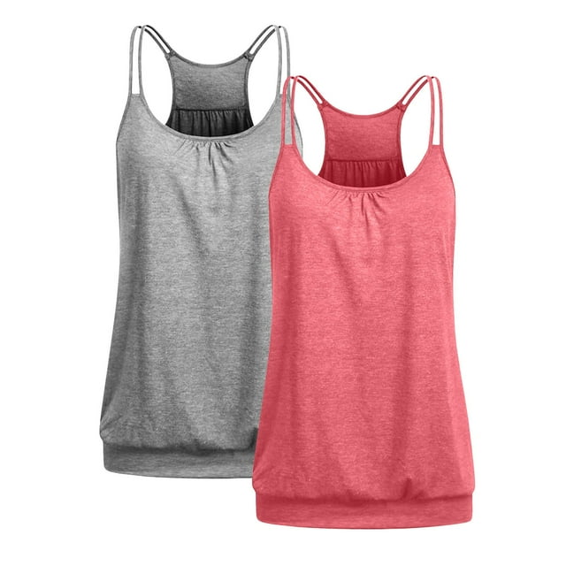 Timegard Camisole 2 Pcs pour Femmes Dos Nageur Col Rond Tunique Confortable Froncée Couleur Unie Sans Manches
