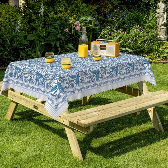 Nanqianyi Rectangle Tablecloth, Blue White Floral Scroll Print, Waterproof Wrinkle Resistant, Washable Table Cover with for Restaurant Picnic Indoor Outdoor, 60 x 84 Inch