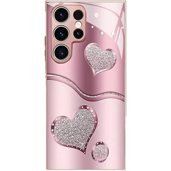 Curve Double Heart Hard Case for Samsung, Curved Double Heart Pink Tempered Glass Phone Case for Samsung 21/22/23/24/25 Series (S25 FE)
