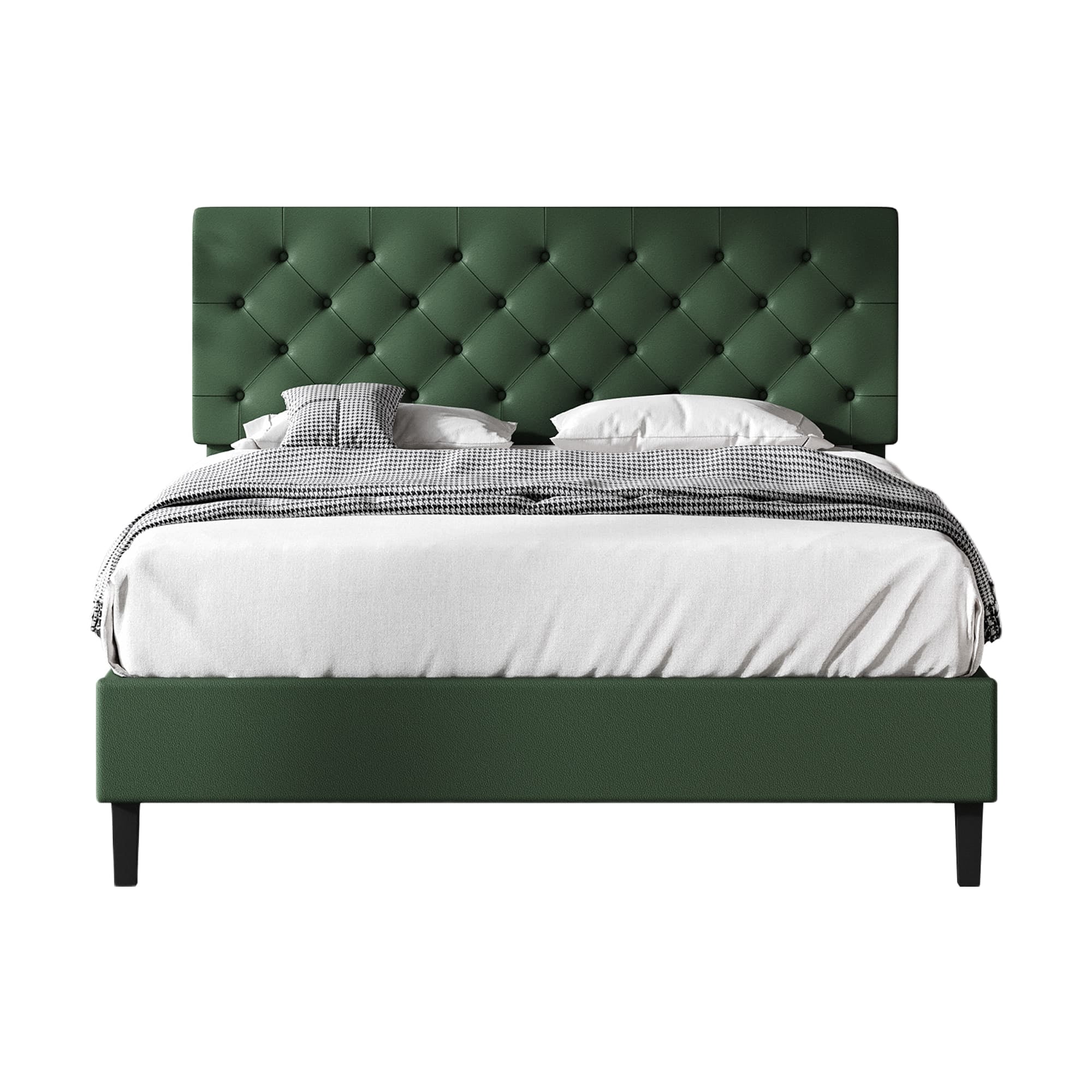 4 EVER WINNER Full Upholstered Bed Frame with Headboard, Button Tufted Linen Bed Base, Platform Bed with Wood Slat, Heavy Duty, Easy Assembly, No Box Spring Needed, Green