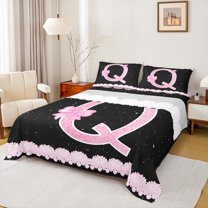Manfei Initial Letter Q Queen Sheet Sets,Galaxy Starry Night Flat Sheet,Pink Sequin Print Queen Fitted Sheet For Girl,Breathable Bedroom Decoration,4-Piece