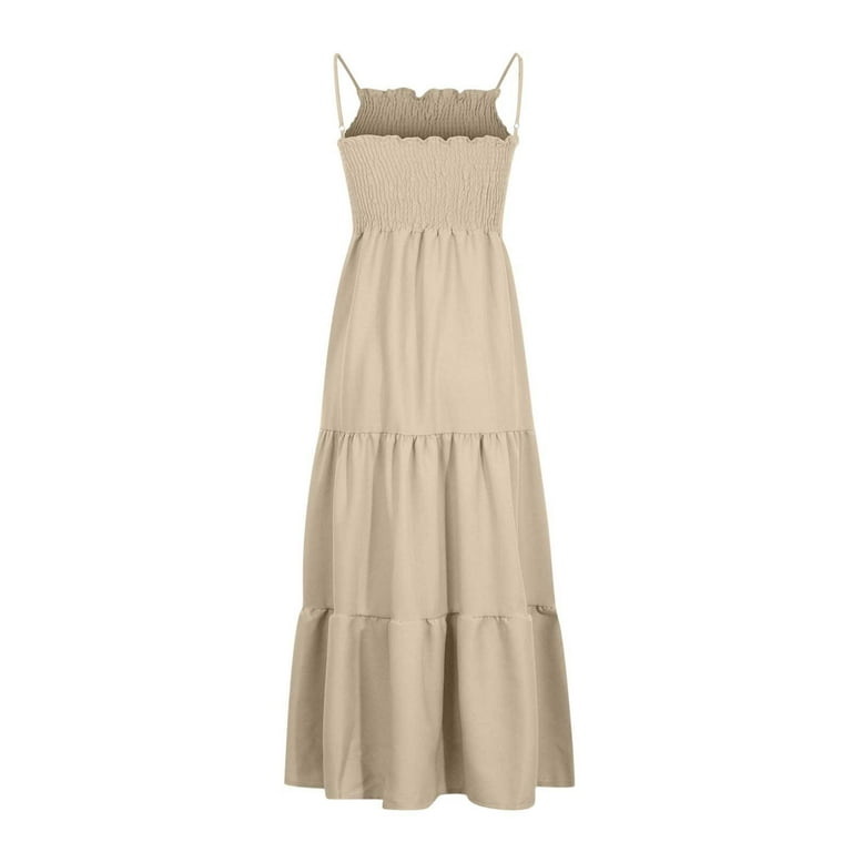 Brilliant Summer New 2024 Women's Bohemian Spaghetti Strap Smocked Tiered  Beach Sun Dresses Sleeveless Solid Maxi Dress Long Brown S - Walmart.com