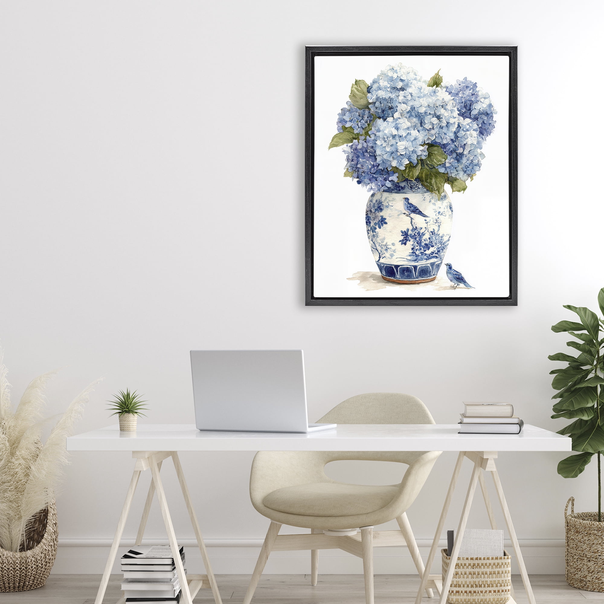 Stupell Industries Blue Bird & Hydrangea Vase Black Framed Floater Canvas Wall Art, design by Imagine It Images