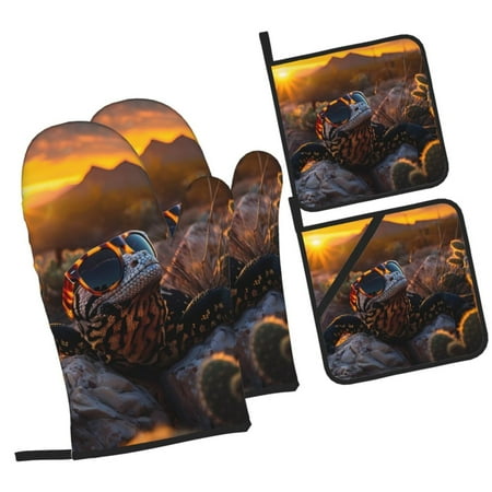 

Daiia Lizard With Sunglasses Sunset Pattern Oven Mitts and Pot Holders 4 pcs Set High Heat Resistant 500 Degree Extra Thicken Long Kitchen Cotton Oven Glove