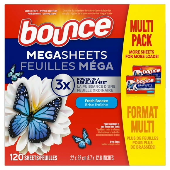 Bounce Mega Dryer Sheets, Fresh Breeze, Mega Fabric Softener Sheets with Static Control, Wrinkle Reduction, Extra Softness, Lasting Scent, Repels Lint, 120CT