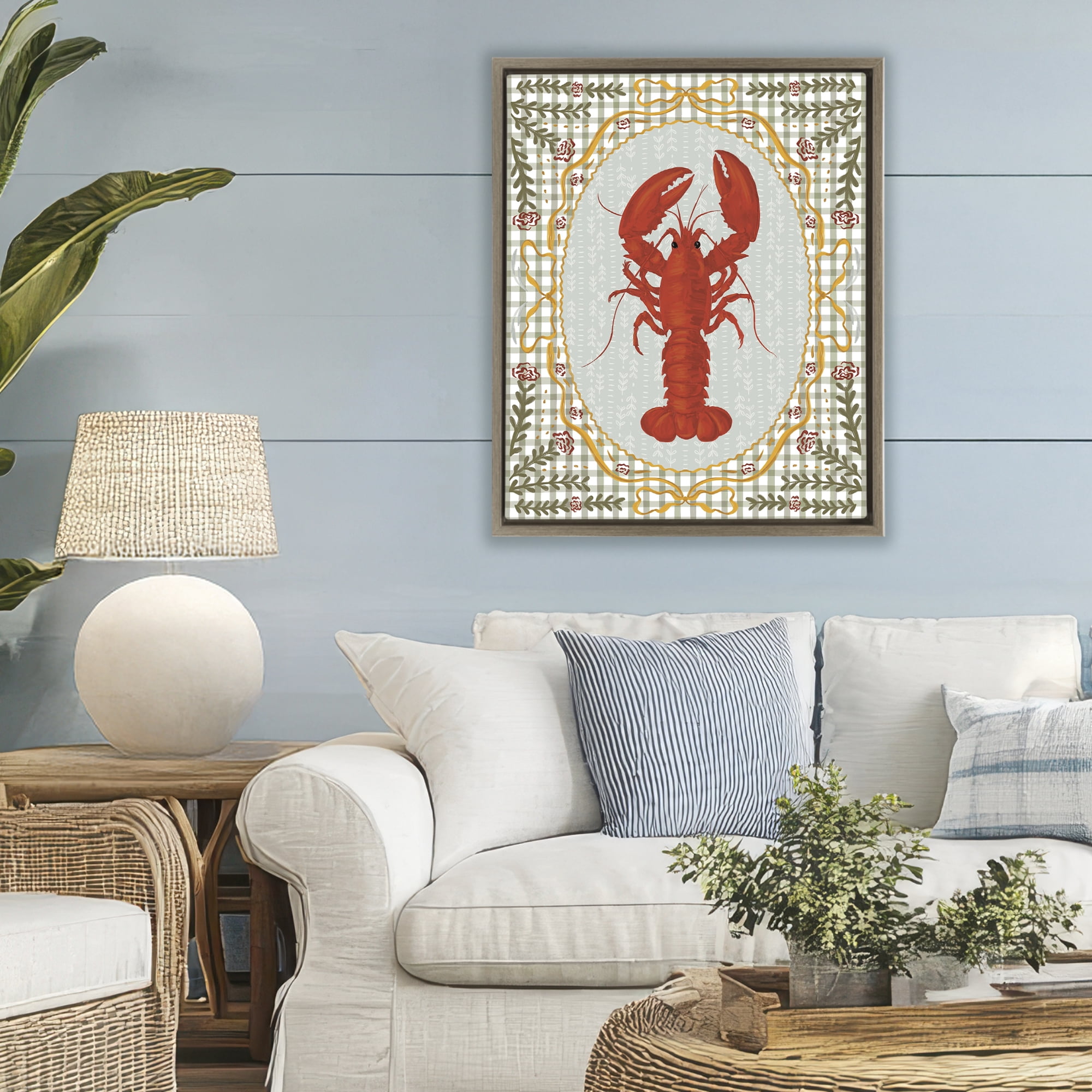 Stupell Industries Lobster with Gingham Kitchen Charm Brown Framed Floater Canvas Wall Art, design by Vero Illustrates